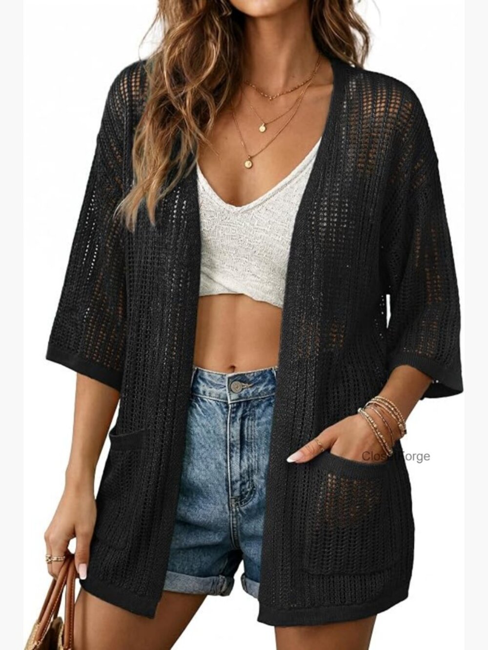 Lightweight Crochet Cardigan with 3/4 Sleeves & Pockets